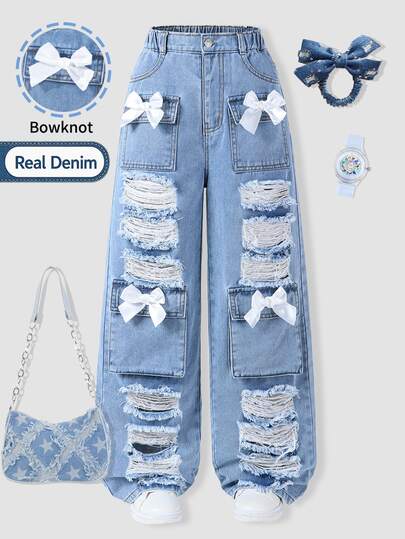 SHEIN ChillGRL Teen Girls Straight Leg Jeans,Blue Summer Streetwear 16 Back-To-School Washed Denim With White Bow,Distressed Wide Leg Multiple Pockets Pants