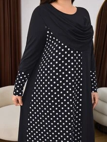Lacomfia Plus Size Women's Loose Casual Autumn A-Line Round Neck Long Sleeve Polka Dot Patchwork Dress - Black - View 7