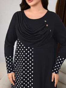 Lacomfia Plus Size Women's Loose Casual Autumn A-Line Round Neck Long Sleeve Polka Dot Patchwork Dress - Black - View 5