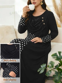 Lacomfia Plus Size Women's Loose Casual Autumn A-Line Round Neck Long Sleeve Polka Dot Patchwork Dress - Black - View 3