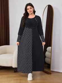 Lacomfia Plus Size Women's Loose Casual Autumn A-Line Round Neck Long Sleeve Polka Dot Patchwork Dress - Black - View 1