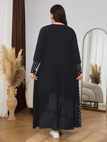 Lacomfia Plus Size Women's Loose Casual Autumn A-Line Round Neck Long Sleeve Polka Dot Patchwork Dress - Black - View 2