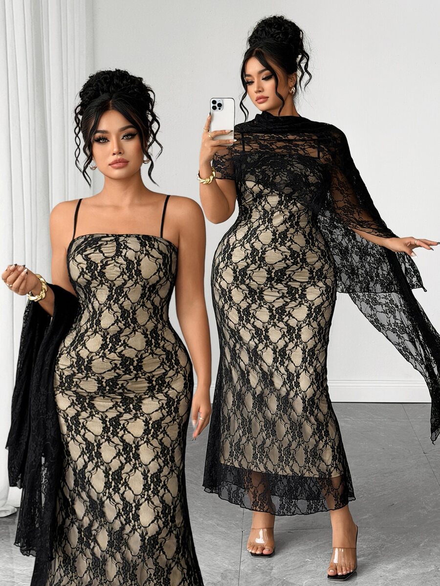 Elenzga Women's Plus Size 2 Pieces Set Black Lace Spaghetti Strap Dress Elegant Sexy Cocktail Formal Party Evening Halloween Summer Wedding Guest Beige - Black - View 1