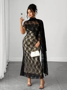 Elenzga Women's Plus Size 2 Pieces Set Black Lace Spaghetti Strap Dress Elegant Sexy Cocktail Formal Party Evening Halloween Summer Wedding Guest Beige - Black - View 6