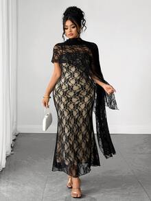 Elenzga Women's Plus Size 2 Pieces Set Black Lace Spaghetti Strap Dress Elegant Sexy Cocktail Formal Party Evening Halloween Summer Wedding Guest Beige - Black - View 7