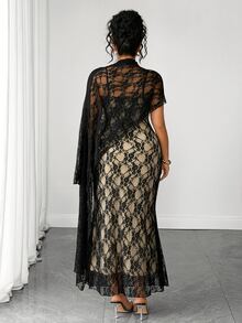 Elenzga Women's Plus Size 2 Pieces Set Black Lace Spaghetti Strap Dress Elegant Sexy Cocktail Formal Party Evening Halloween Summer Wedding Guest Beige - Black - View 2