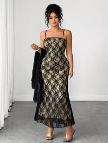 Elenzga Women's Plus Size 2 Pieces Set Black Lace Spaghetti Strap Dress Elegant Sexy Cocktail Formal Party Evening Halloween Summer Wedding Guest Beige - Black - View 5