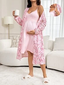 Slowluna Maternity Nursing Lace Camisole Dress With Floral Print Long Sleeve Cardigan 2 Pieces Set - Pink - View 2