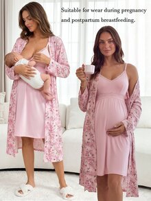Slowluna Maternity Nursing Lace Camisole Dress With Floral Print Long Sleeve Cardigan 2 Pieces Set - Pink - View 1