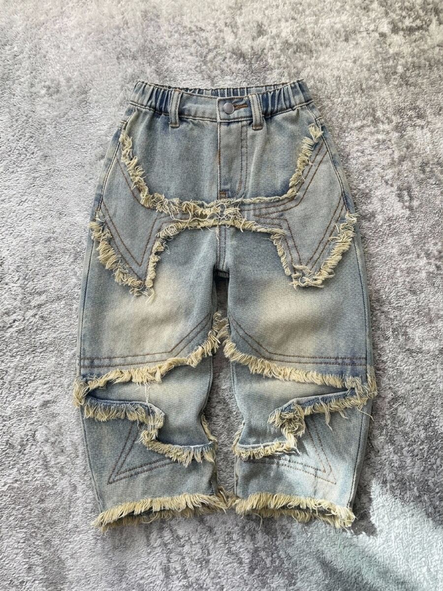 SHEIN Bubblio 男嬰 Y2K 休閒破洞縫線星星刺繡復古藍色寬鬆舒適牛仔褲 - 藍色 - 查看 1