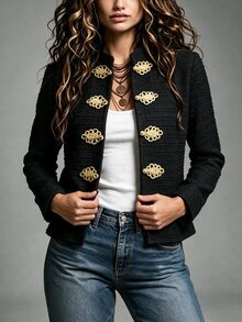 Struktiv Elegant French Casual Chinese Knot Frog Button Black And Gold Contrast Women's Jacket Office Dinner Autumn - Black - View 5