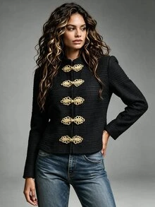 Struktiv Elegant French Casual Chinese Knot Frog Button Black And Gold Contrast Women's Jacket Office Dinner Autumn - Black - View 3