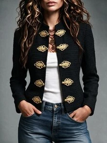 Struktiv Elegant French Casual Chinese Knot Frog Button Black And Gold Contrast Women's Jacket Office Dinner Autumn - Black - View 1