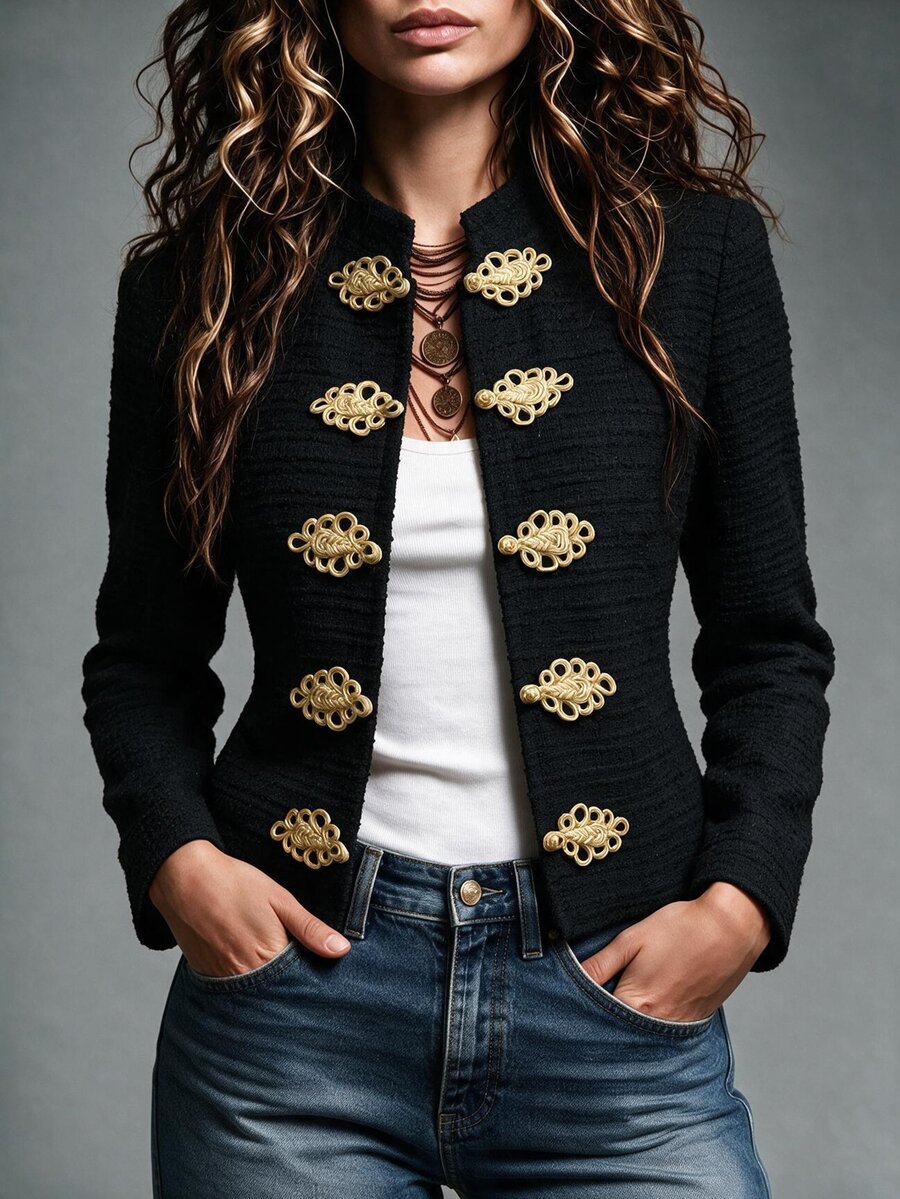 Struktiv Elegant French Casual Chinese Knot Frog Button Black And Gold Contrast Women's Jacket Office Dinner Autumn - Black - View 1
