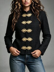 Struktiv Elegant French Casual Chinese Knot Frog Button Black And Gold Contrast Women's Jacket Office Dinner Autumn - Black - View 4