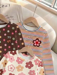 3pcs/Set, Girls Floral Cherry Bow Print Long Sleeve Crew Neck Tops, Casual Style, Cozy Vibes, Fall Vibes, Autumn/Winter Wear - Multicolor - View 3