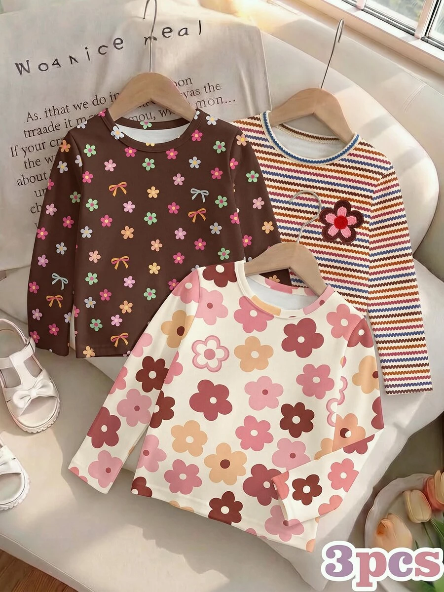 3pcs/Set, Girls Floral Cherry Bow Print Long Sleeve Crew Neck Tops, Casual Style, Cozy Vibes, Fall Vibes, Autumn/Winter Wear - Multicolor - View 1