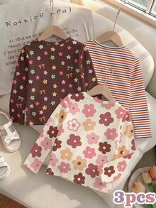 3pcs/Set, Girls Floral Cherry Bow Print Long Sleeve Crew Neck Tops, Casual Style, Cozy Vibes, Fall Vibes, Autumn/Winter Wear - Multicolor - View 2