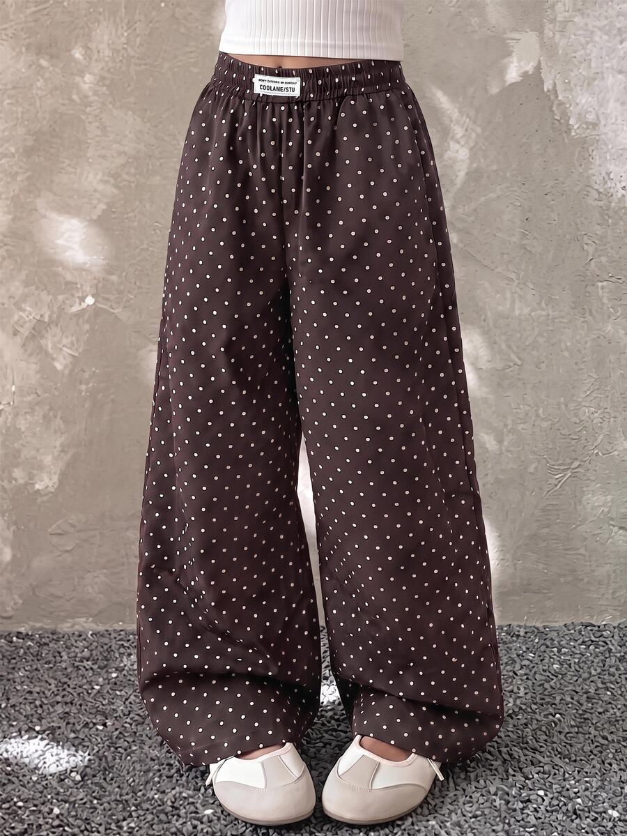 SHEIN 青少年女孩波點休閒百搭日常穿著運動長褲 - 棕色 - 查看 1