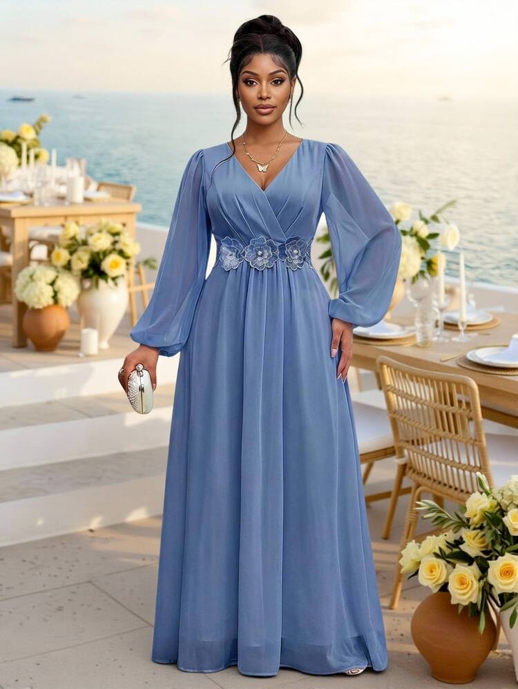 Fleurora Plus Size Elegant Party Dress With 3D Floral Decoration - Dusty Blue - View 5