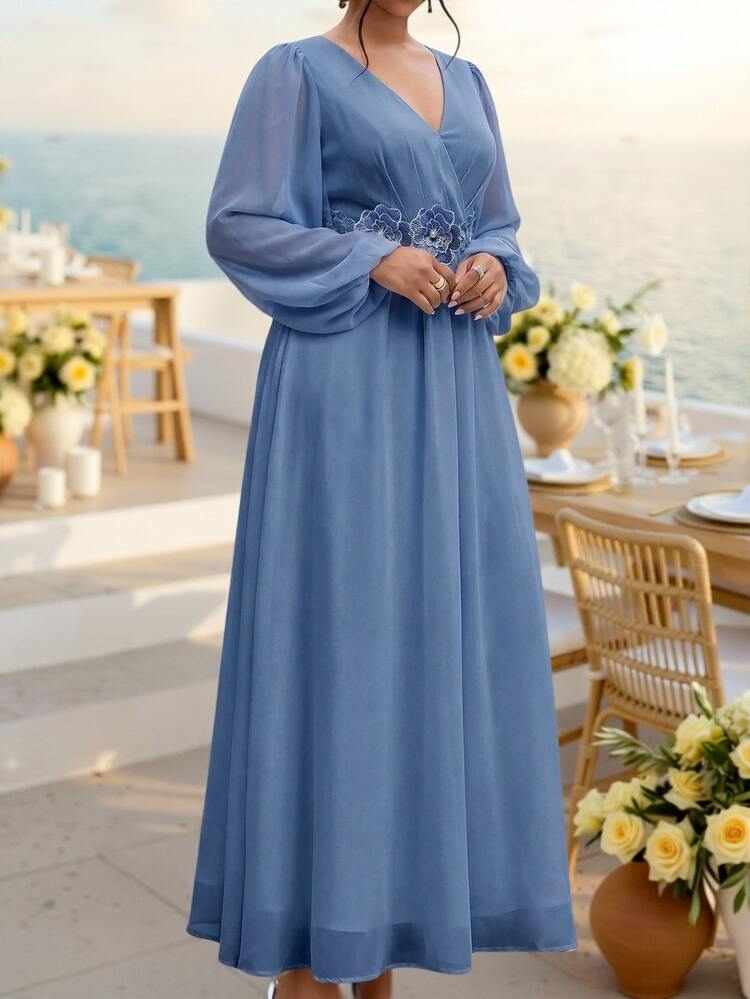 Fleurora Plus Size Elegant Party Dress With 3D Floral Decoration - Dusty Blue - View 4