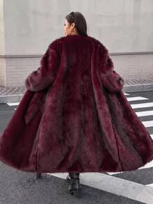 Muchica Plus Size Vintage Faux Fur Long Sleeve Thick Coat - Burgundy - View 1