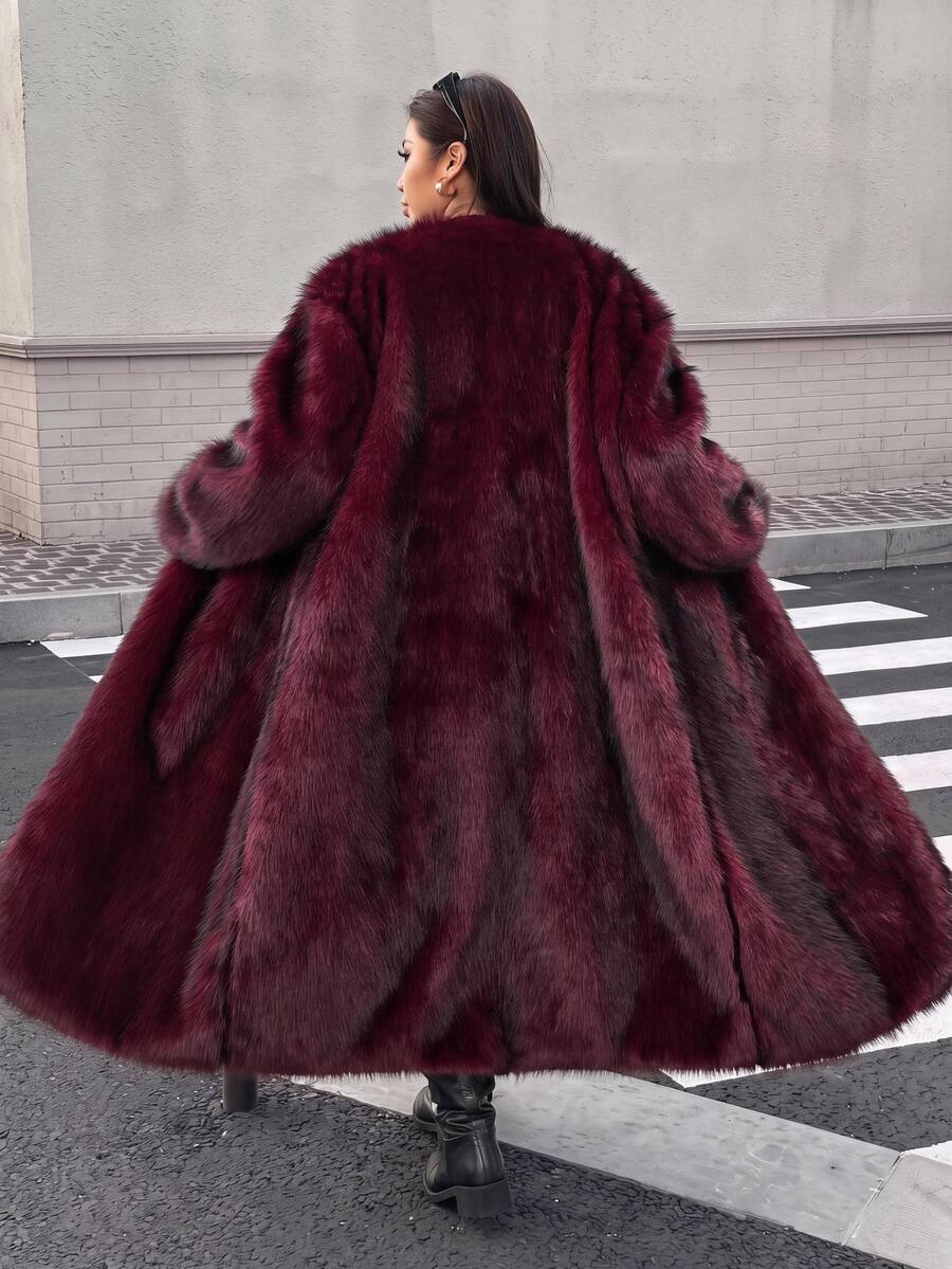Muchica Plus Size Vintage Faux Fur Long Sleeve Thick Coat - Burgundy - View 1