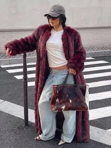 Muchica Plus Size Vintage Faux Fur Long Sleeve Thick Coat - Burgundy - View 2