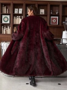 Muchica Plus Size Vintage Faux Fur Long Sleeve Thick Coat - Burgundy - View 5
