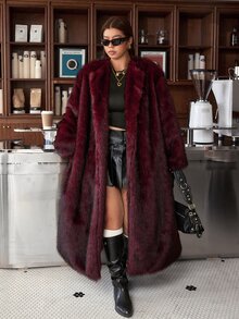Muchica Plus Size Vintage Faux Fur Long Sleeve Thick Coat - Burgundy - View 6