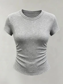 Women's Round Neck Short Sleeve Pleated Casual Versatile T-Shirt - Black - View 5