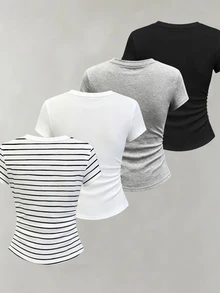 Women's Round Neck Short Sleeve Pleated Casual Versatile T-Shirt - Black - View 2