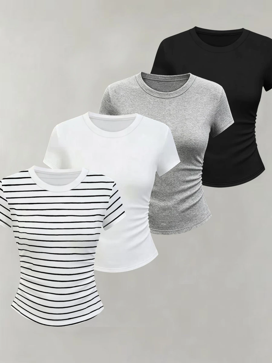 Women's Round Neck Short Sleeve Pleated Casual Versatile T-Shirt - Black - View 1