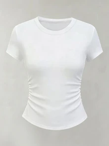 Women's Round Neck Short Sleeve Pleated Casual Versatile T-Shirt - Black - View 4
