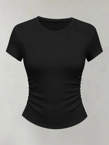 Resyla Women Solid Color Round Neck Short Sleeve Pleated Casual Versatile T-Shirt Everyday Daytime White Brown Black Summer - Black - View 3