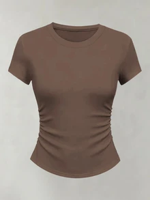 Resyla Women Solid Color Round Neck Short Sleeve Pleated Casual Versatile T-Shirt Everyday Daytime White Brown Black Summer - Black - View 4