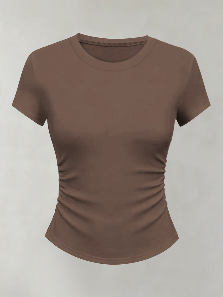Resyla Women Solid Color Round Neck Short Sleeve Pleated Casual Versatile T-Shirt Everyday Daytime White Brown Black Summer - Black - View 4