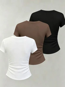 Resyla Women Solid Color Round Neck Short Sleeve Pleated Casual Versatile T-Shirt Everyday Daytime White Brown Black Summer - Black - View 2