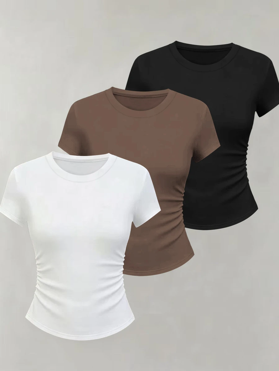 Resyla Women Solid Color Round Neck Short Sleeve Pleated Casual Versatile T-Shirt Everyday Daytime White Brown Black Summer - Black - View 1