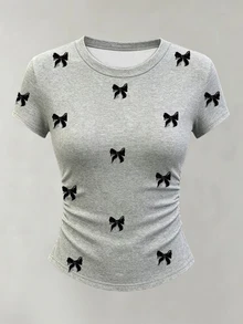 Women's Summer Casual Y2k Cute Crew Neck Short Sleeve Versatile T-Shirt Everyday School Grey Burgundy Black - Black - View 5
