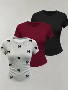 Women's Summer Casual Y2k Cute Crew Neck Short Sleeve Versatile T-Shirt Everyday School Grey Burgundy Black - Black - View 1