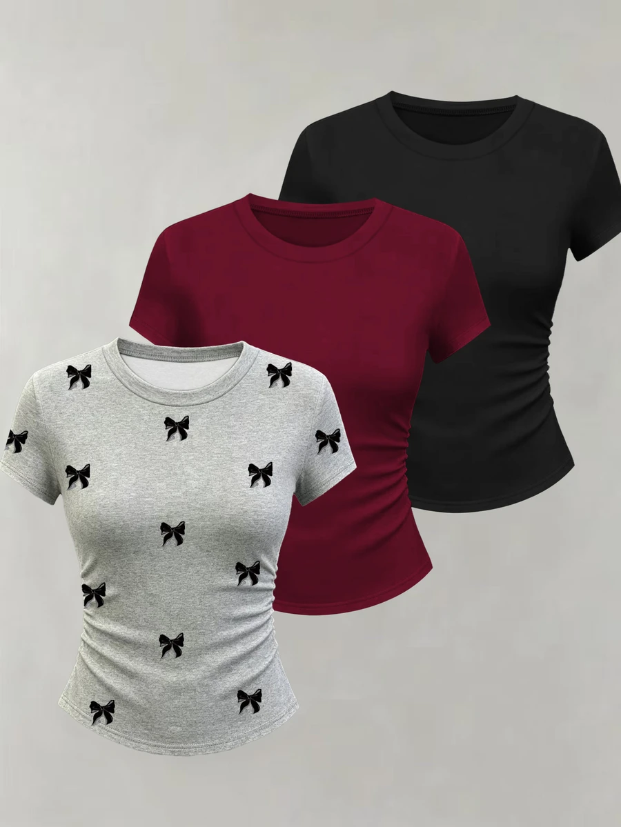 Women's Summer Casual Y2k Cute Crew Neck Short Sleeve Versatile T-Shirt Everyday School Grey Burgundy Black - Black - View 1