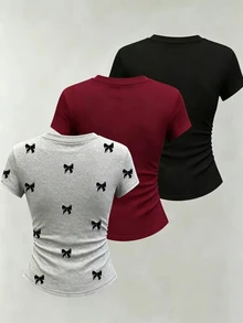 Women's Summer Casual Y2k Cute Crew Neck Short Sleeve Versatile T-Shirt Everyday School Grey Burgundy Black - Black - View 2