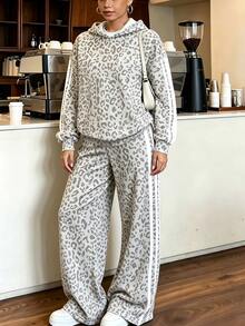 Teen Girls Fall Leopard Print Hoodie & Pants Matching Set, Comfortable Cozy Casual Autumn Outfit - Multicolor - View 3