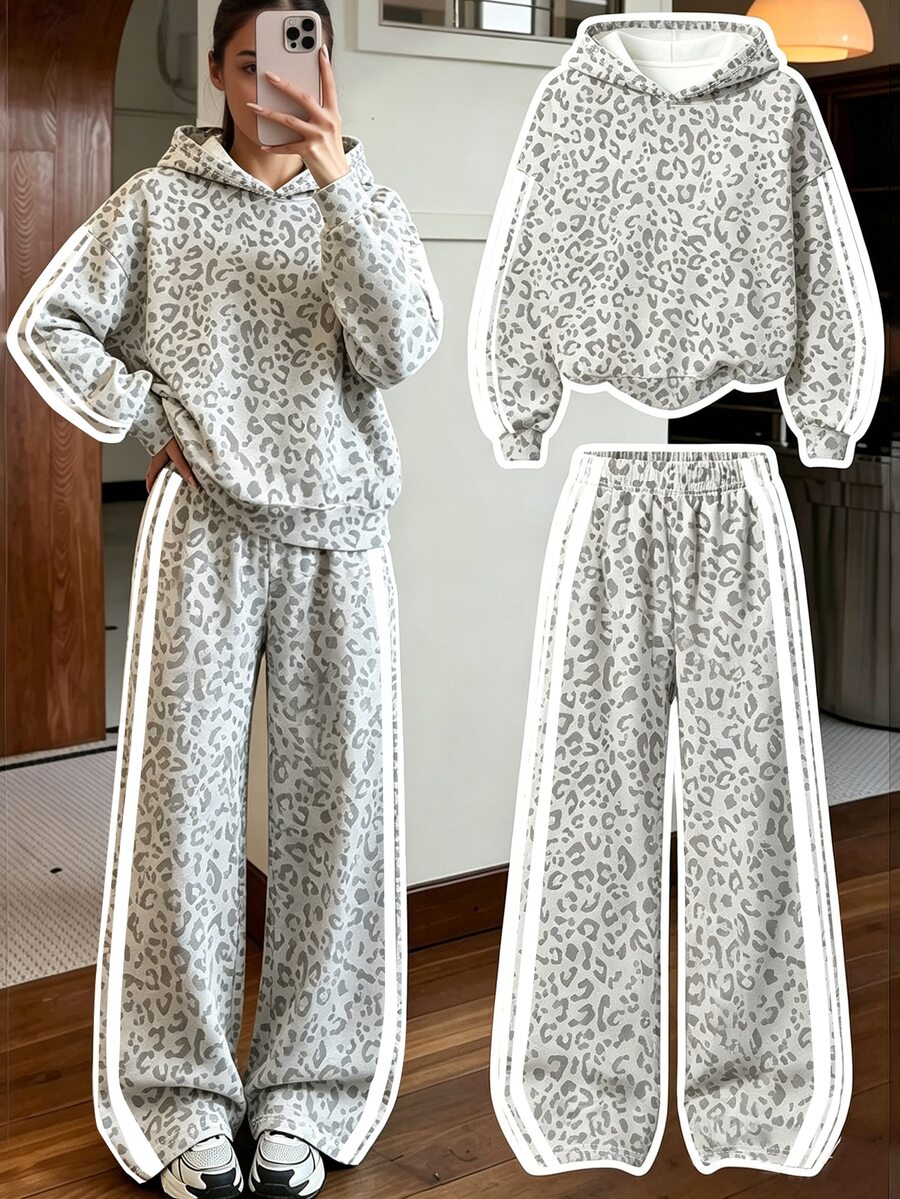 Teen Girls Fall Leopard Print Hoodie & Pants Matching Set, Comfortable Cozy Casual Autumn Outfit - Multicolor - View 1