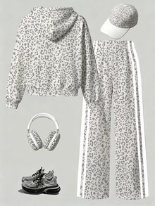 Teen Girls Fall Leopard Print Hoodie & Pants Matching Set, Comfortable Cozy Casual Autumn Outfit - Multicolor - View 2