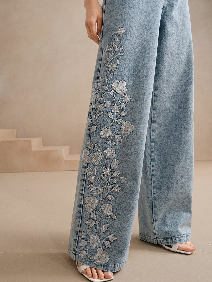 Anewsta Elegant Embroidered Floral Design Ladies Long Pants, Vacation Style, Suitable For Valentine's Day, Chinese New Year - Blue - View 1