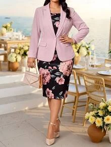 Fleurora Plus Size Women Solid Color Long Sleeve Jacket Floral Print Dress 2 Pieces Set Pink Elegant Business Casual Fall Cocktail Wedding Formal Purple - Multicolor - View 5