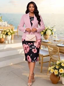 Fleurora Plus Size Women Solid Color Long Sleeve Jacket Floral Print Dress 2 Pieces Set Pink Elegant Business Casual Fall Cocktail Wedding Formal Purple - Multicolor - View 4