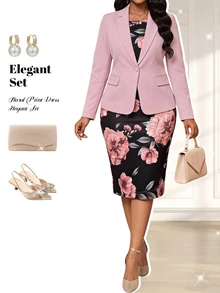 Fleurora Plus Size Women Solid Color Long Sleeve Jacket Floral Print Dress 2 Pieces Set Pink Elegant Business Casual Fall Cocktail Wedding Formal Purple - Multicolor - View 7